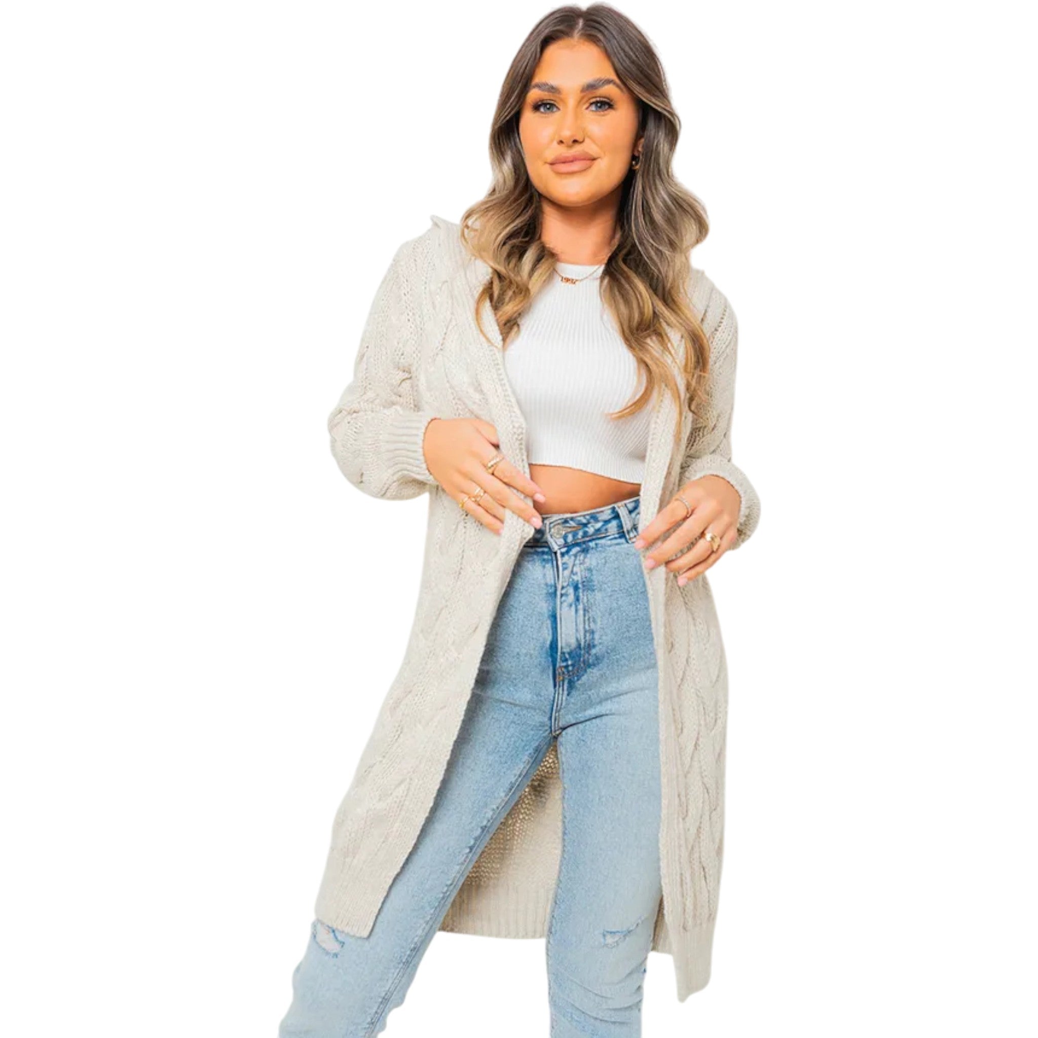 Ladies Italian Beige cable knit open-front longline cardigan for women